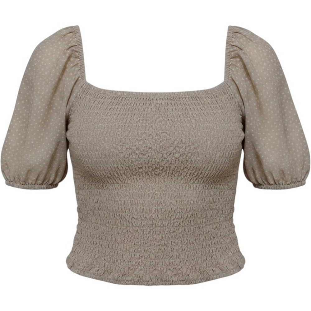 A&F Womens L Tan Polka Dot Smocked Puff Sleeve Top Milkmaid Coquette Romantic